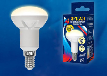 Лампа светодиодная диммируемая (UL-00004710) Uniel E14 7W 3000K матовая LED-R50 7W/3000K/E14/FR/DIM PLP01WH
