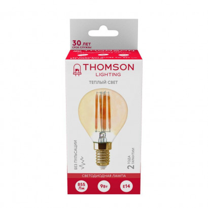 Лампа светодиодная филаментная Thomson E14 9W 2400K шар прозрачная TH-B2123
