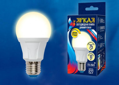 Лампа светодиодная диммируемая (UL-00004287) Uniel E27 10W 3000K матовая LED-A60 10W/3000K/E27/FR/DIM PLP01WH