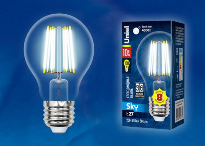 Лампа светодиодная филаментная (UL-00002626) Uniel E27 10W 4000K прозрачная LED-A60-10W/NW/E27/CL PLS02WH